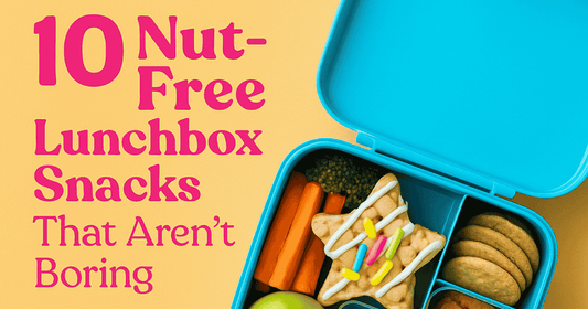 Real lunchbox filled with Lumi Bites star snacks, fruit, and nut-free treats on a bright pastel background