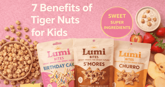 Cover image for the blog post ‘7 Benefits of Tiger Nuts for Kids’ featuring Lumi Bites Birthday Cake, S’mores, and Churro snack bags with tiger nuts, fruit, and yogurt on a soft pink background