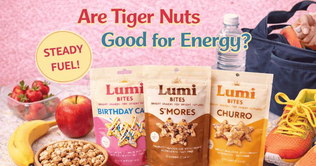 Lumi Bites Birthday Cake, S’mores, and Churro snack bags with a bowl of tiger nuts, fruit, and sporty lunch items, illustrating how tiger nuts provide steady energy for active kids