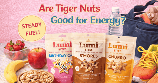Lumi Bites Birthday Cake, S’mores, and Churro snack bags with a bowl of tiger nuts, fruit, and sporty lunch items, illustrating how tiger nuts provide steady energy for active kids