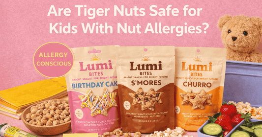 Lumi Bites Birthday Cake, S’mores, and Churro snack bags with tiger nuts and kid-friendly lunch snacks on a pink background, explaining that tiger nuts are root vegetables and safe for nut-free families.