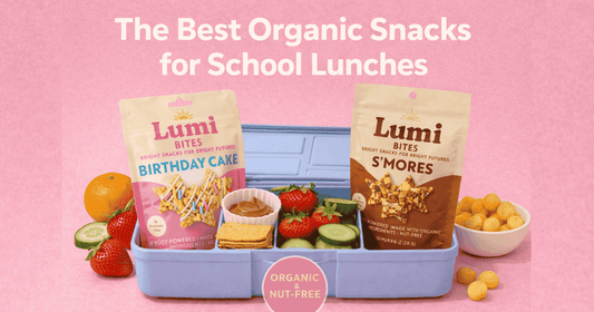 Organic school lunch snacks featuring Lumi Bites Birthday Cake and S’mores snack bags inside a blue lunchbox with strawberries, cucumbers, crackers, and other kid-friendly foods on a pink background.