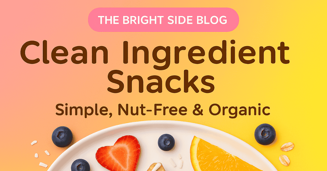 Clean ingredient snacks including Lumi Bites star-shaped treats, oats, coconut, and fruit on a bright cream and pink background.