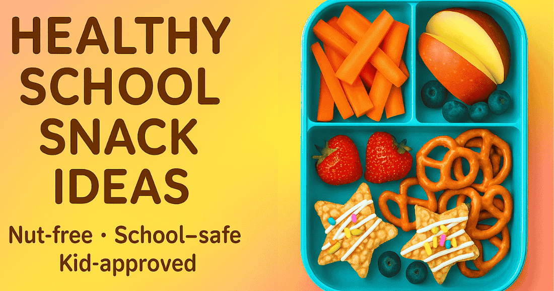 Healthy school snack ideas shown in a colorful lunchbox filled with Lumi Bites star snacks, apple, carrots, blueberries, strawberries, and pretzels on a pink and yellow background.