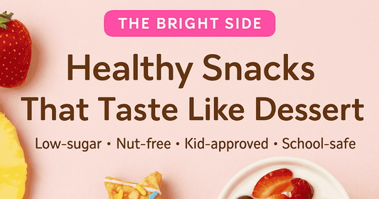 Healthy dessert-style snacks including Lumi Bites star snacks, yogurt with fruit, and tiger nut energy bites on a pastel pink background