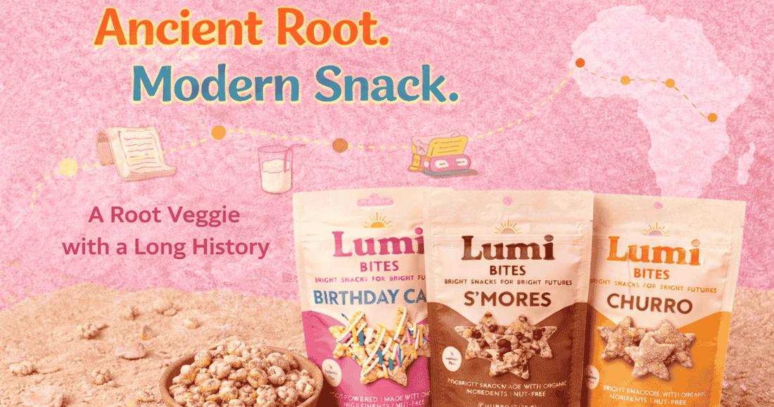 Tiger nuts in a wooden bowl with Lumi Bites Birthday Cake, S’mores, and Churro snack bags on a soft pink background, highlighting an ancient root vegetable used in modern, nut-free kids snacks.