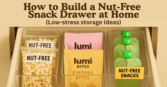 “Cover image for How to Build a Nut-Free Snack Drawer at Home showing an organized drawer with labeled nut-free popcorn, Lumi Bites pouches, and applesauce packs in clear bins.
