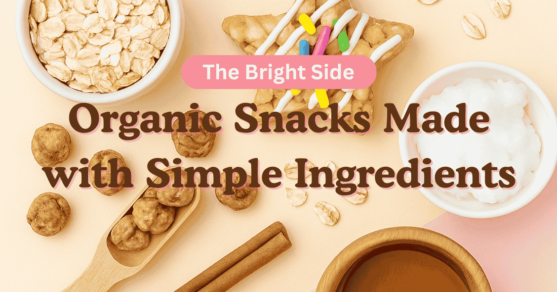 Organic Lumi Bites star snacks and other clean, simple ingredients like oats, coconut, and cinnamon displayed on a bright pastel background