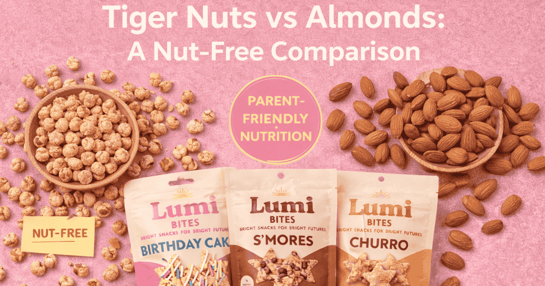 Tiger nuts and almonds shown side by side with Lumi Bites Birthday Cake, S’mores, and Churro snack bags on a pink background, illustrating a nut-free comparison for parents.
